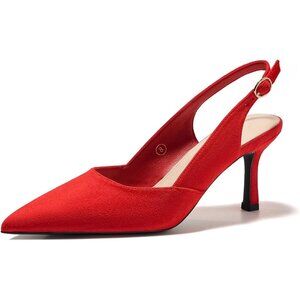 Women's Red Suede Pure Faux Leather Pointed Toe Slingback Stylish Buckle Pump